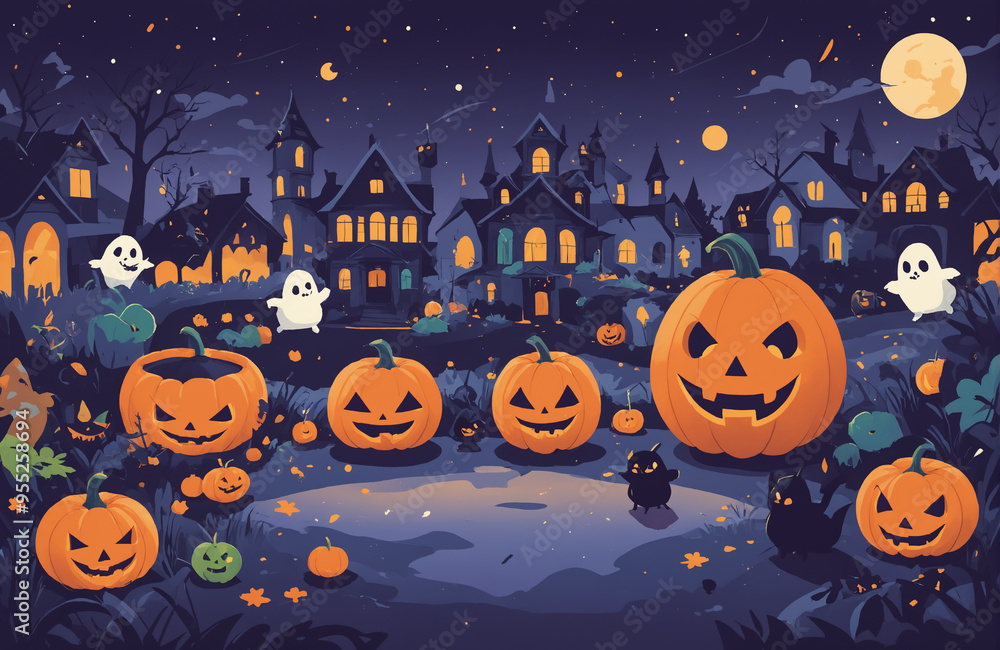 Fototapeta premium cute halloween festival illustration pattern background cartoon with ghost and pumpkin