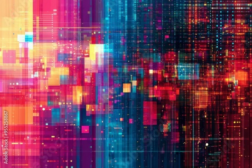 Wallpaper Mural Abstract Digital Glitch Art with Overlapping Geometric Shapes in Vibrant Colors Torontodigital.ca