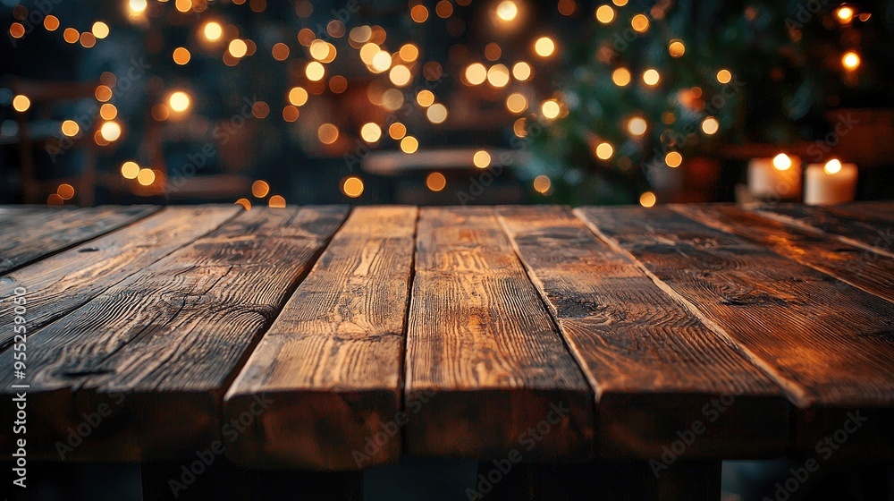 Empty wood table top on blur light gold bokeh of cafe restaurant in dark background Empty wood table top on blur light gold bokeh of cafe restaurant in dark background
