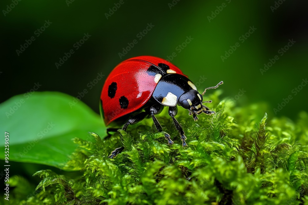 Ladybugs, nestled in moss, tiny red spots bring a pop of color to the green carpet of the forest floor Ladybugs, nestled in moss, tiny red spots bring a pop of color to the green carpet of the forest floor