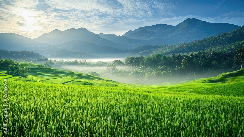 Beautiful green rice fields stretching towards the mountains in the morning light, Nan province, Thailand, with a layer of mist hovering over the vibrant landscape Beautiful green rice fields stretching towards the mountains in the morning light, Nan province, Thailand, with a layer of mist hovering over the vibrant landscape