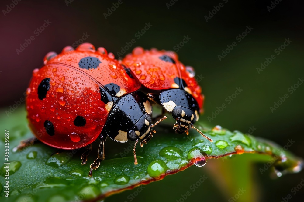 Ladybugs, on a rainy day, droplets on wings show resilience as they continue their work in the wet weather Ladybugs, on a rainy day, droplets on wings show resilience as they continue their work in the wet weather
