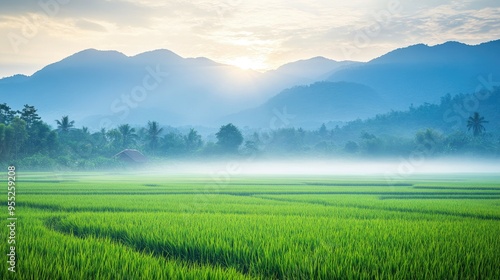 Beautiful green rice fields stretching towards the mountains in the morning light, Nan province, Thailand, with a layer of mist hovering over the vibrant landscape