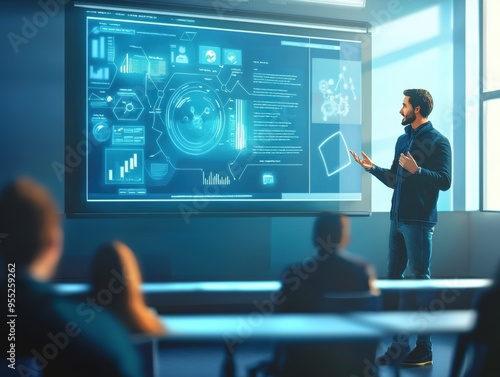 Businessman Presenting Data on Interactive Screen.