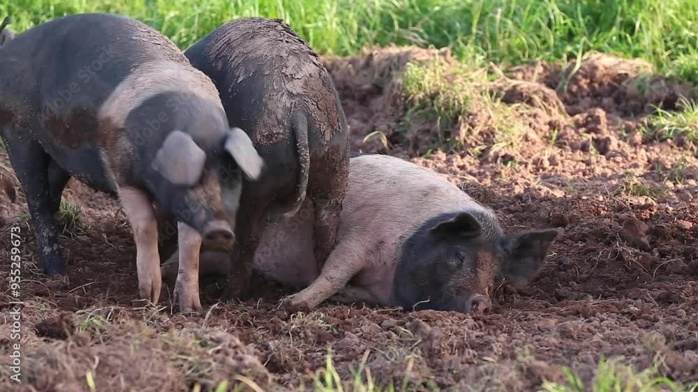 Pigs jostling in grass and mud on farmland Pigs jostling in grass and mud on farmland