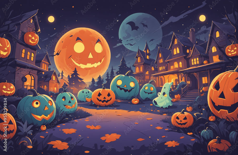 Fototapeta premium cute halloween festival illustration pattern background cartoon with ghost and pumpkin