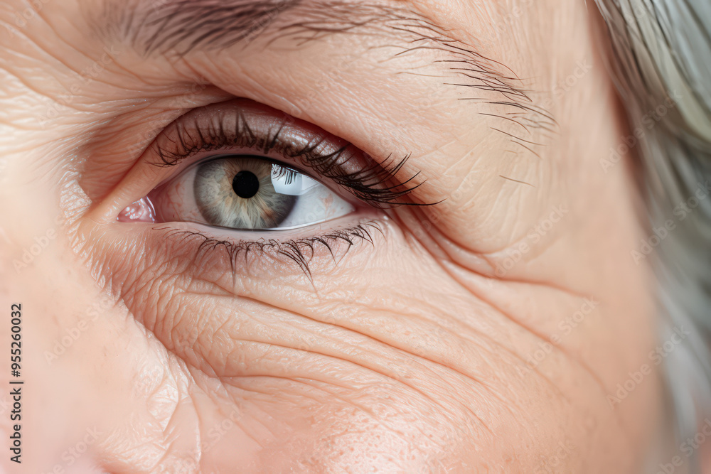 Fototapeta premium healthy aging awareness ,wrinkle ,age, vision and old people concept - close up of senior woman face and eye