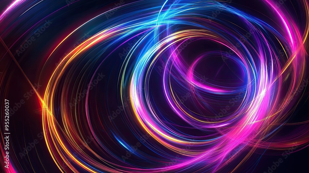 Bright neon swirl trails forming an abstract circular pattern, with lens flares and luminous effects, creating a sense of dynamic energy and futuristic power Bright neon swirl trails forming an abstract circular pattern, with lens flares and luminous effects, creating a sense of dynamic energy and futuristic power