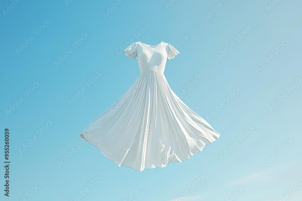 A white dress elegantly floating in mid-air against a clear blue sky, symbolizing freedom, lightness, and simplicity.
A white dress elegantly floating in mid-air against a clear blue sky, symbolizing freedom, lightness, and simplicity.
