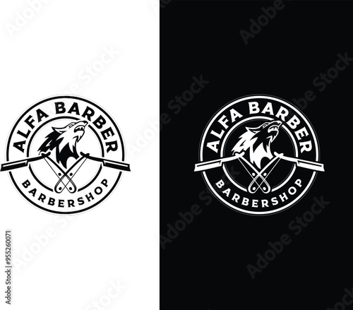 Stylish logo design for Alfa Barber Barbershop featuring a lion and scissors on contrasting backgrounds