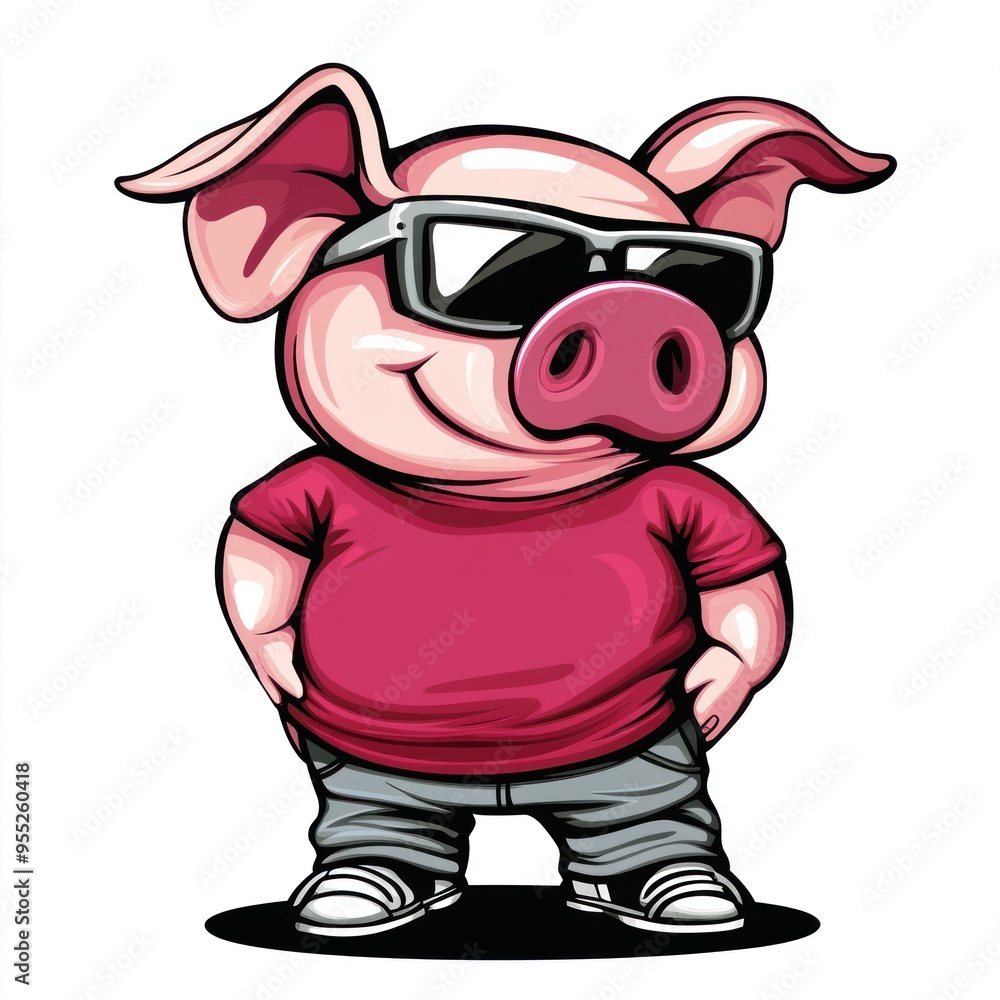 Naklejka premium Cool Pig in Sunglasses Cartoon Illustration