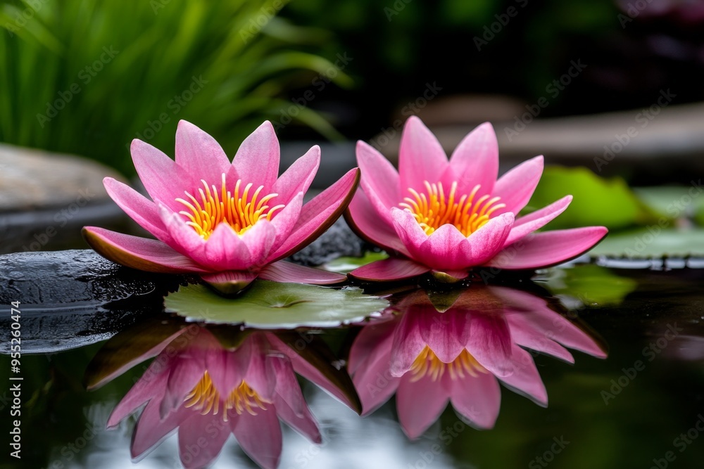 Lilies, by the water’s edge, reflections in the pond double their beauty in the calm water Lilies, by the water’s edge, reflections in the pond double their beauty in the calm water