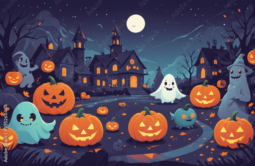 cute halloween festival illustration pattern background cartoon with ghost and pumpkin