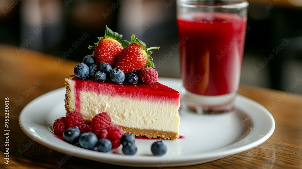 Slice of cheesecake with fresh berries and a glass of juice. Slice of cheesecake with fresh berries and a glass of juice.