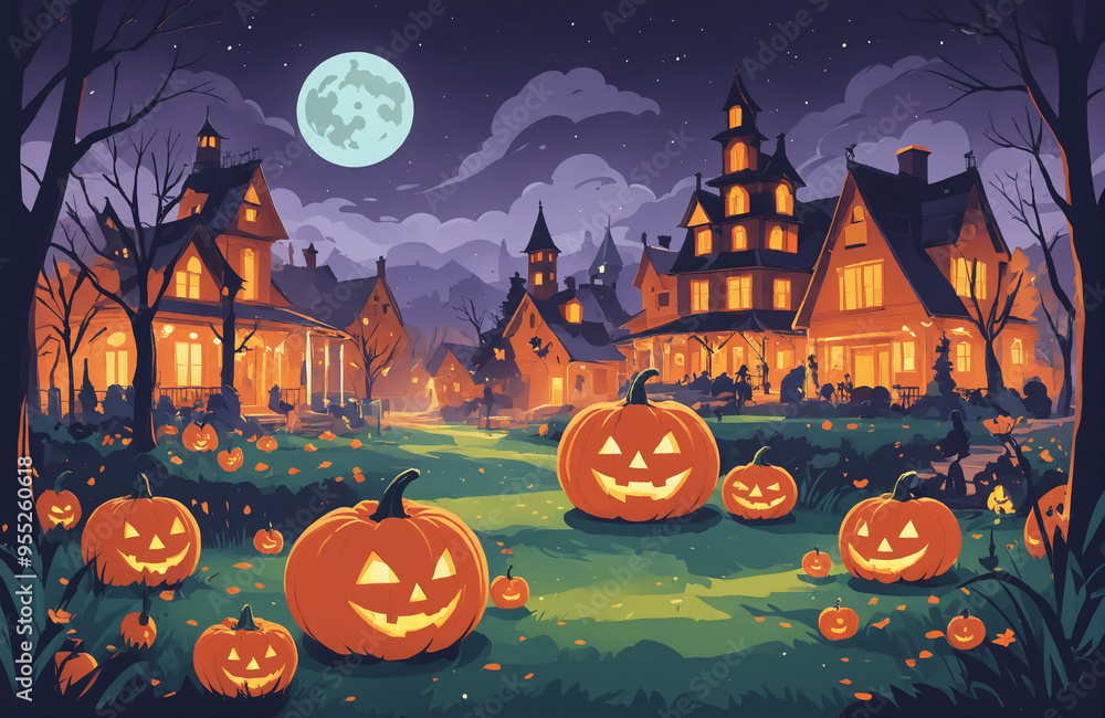 Fototapeta premium cute halloween festival illustration pattern background cartoon with ghost and pumpkin