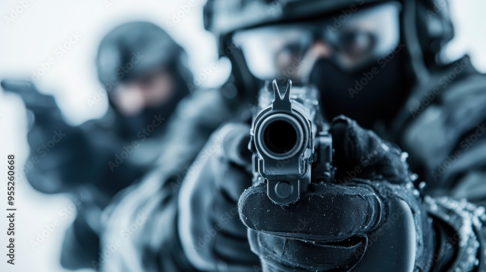 Two soldiers in full tactical gear are strategically positioned and aiming their guns, with focus on the barrel of the weapons, emphasizing precision and alertness. Two soldiers in full tactical gear are strategically positioned and aiming their guns, with focus on the barrel of the weapons, emphasizing precision and alertness.