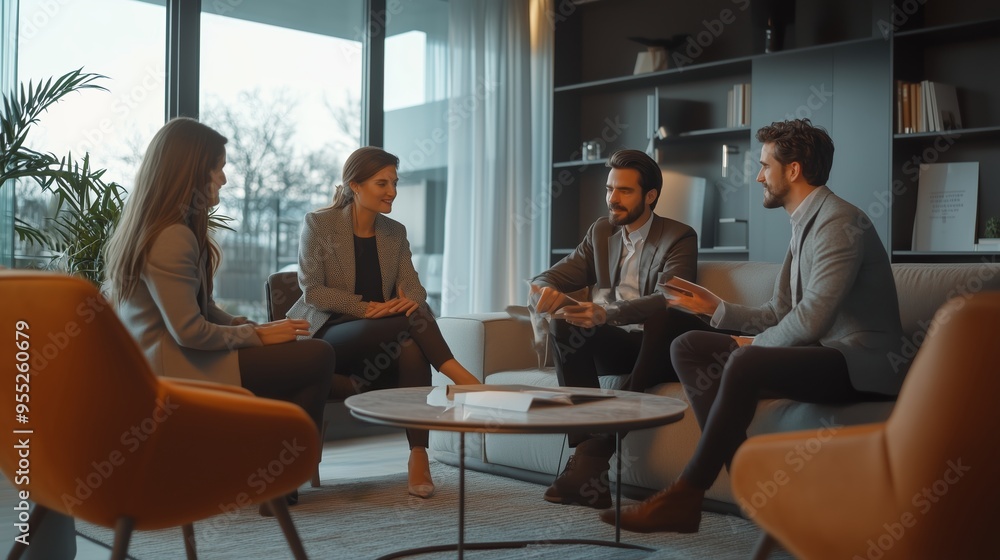 A business meeting in a modern office setting with professionals discussing ideas and strategies during late afternoon A business meeting in a modern office setting with professionals discussing ideas and strategies during late afternoon