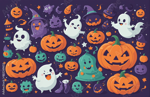 cute halloween festival illustration pattern background cartoon with ghost and pumpkin