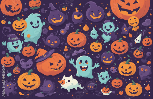 cute halloween festival illustration pattern background cartoon with ghost and pumpkin