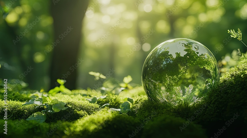 Close-up of a glass globe nestled in green moss under the canopy of a vibrant forest, representing a green companyaes commitment to sustainability and planet care Close-up of a glass globe nestled in green moss under the canopy of a vibrant forest, representing a green companyaes commitment to sustainability and planet care