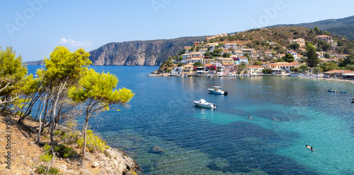 Drone aerial view of Greek village of Asos on the west coast of the island of Cephalonia , Kefalonia Greece in the island sea.