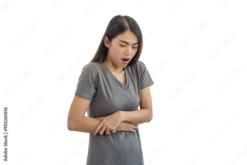Unhealthy Asian woman hands touching her belly isolated on white background, Looking like stomach pain Unhealthy Asian woman hands touching her belly isolated on white background, Looking like stomach pain