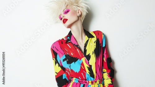 The woman in a striking jumpsuit stands confidently, exuding vibrant energy with her bold makeup and unique hairstyle