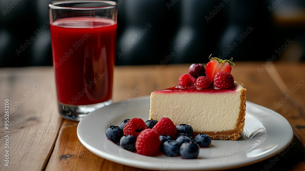 Slice of cheesecake with fresh berries on a white plate with a glass of juice on a wooden table. Slice of cheesecake with fresh berries on a white plate with a glass of juice on a wooden table.