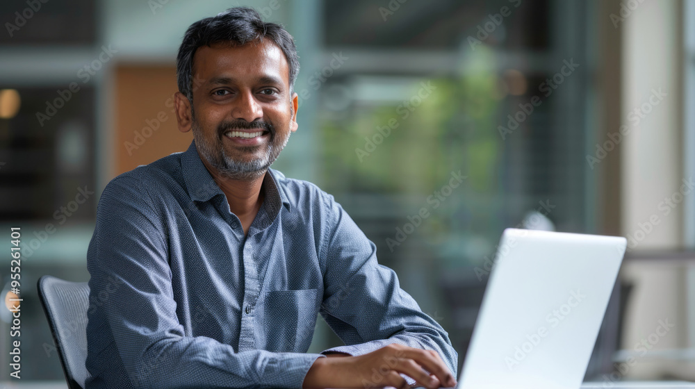 Fototapeta premium A man is sitting at a desk with a laptop in front of him