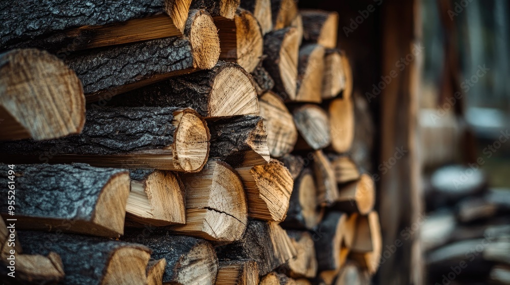 Close-up of chopped firewood with visible growth rings and bark, piled neatly against a rustic wooden fence, ready to be used in a cozy fire Close-up of chopped firewood with visible growth rings and bark, piled neatly against a rustic wooden fence, ready to be used in a cozy fire