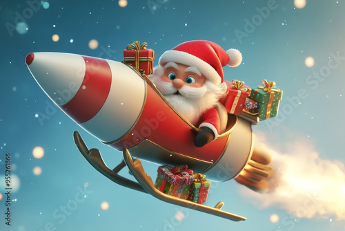A whimsical Santa Claus flying in a rocket ship through a snowy sky, holding Christmas gifts. The image is playful and modern, blending traditional and futuristic Christmas elements.