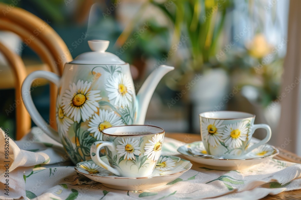 Delicate floral coffee set displayed on a table of Provence style cafe in soft morning light, inviting a peaceful coffee time experience Delicate floral coffee set displayed on a table of Provence style cafe in soft morning light, inviting a peaceful coffee time experience