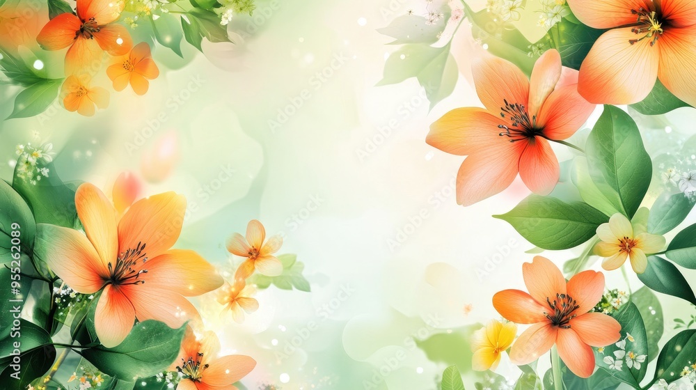 Obraz premium A spring flyer design featuring a bright, colorful background of blooming flowers and green leaves, with ample space for event details and copy.