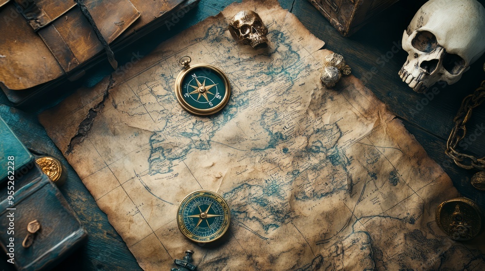 Fototapeta premium Treasure Hunt Essentials: Pirate Map, Compass & Skull Relics Flat Lay