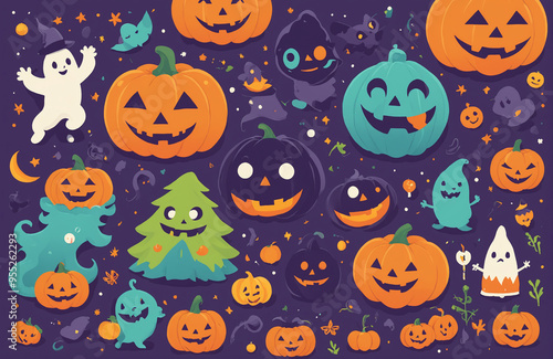 cute halloween festival illustration pattern background cartoon with ghost and pumpkin