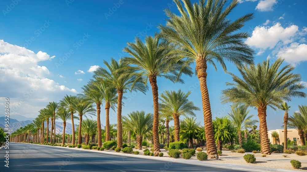 Date palms neatly arranged along the edge of a modern highway, with a bright blue sky overhead and desert landscaping elements on the roadside Date palms neatly arranged along the edge of a modern highway, with a bright blue sky overhead and desert landscaping elements on the roadside