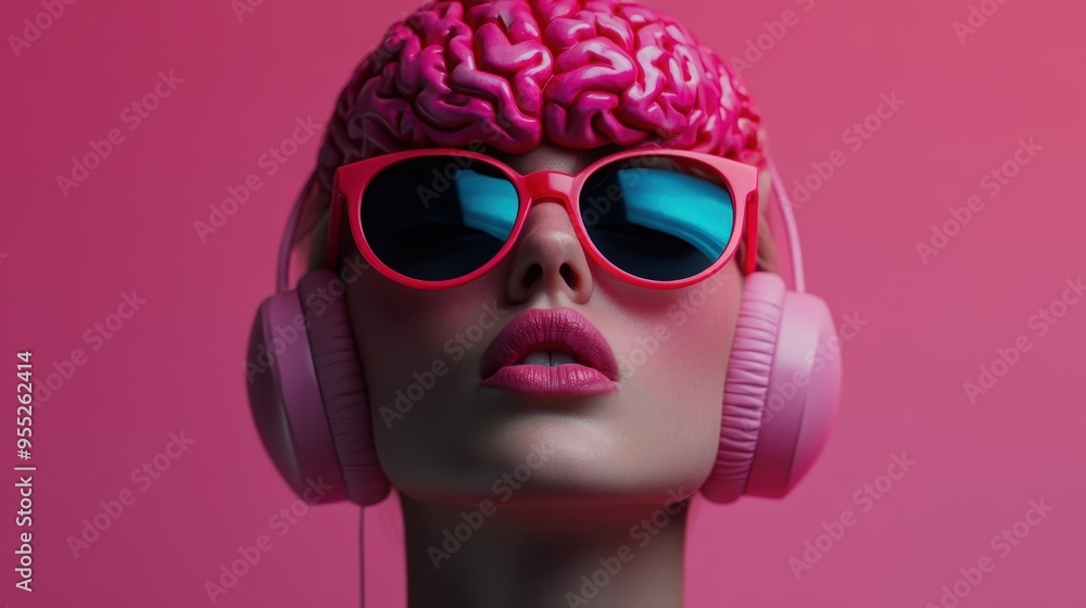 An image displaying a brain wearing pink headphones against a pink background, conveying the link between auditory stimuli and cognitive functions in a simplistic form. An image displaying a brain wearing pink headphones against a pink background, conveying the link between auditory stimuli and cognitive functions in a simplistic form.
