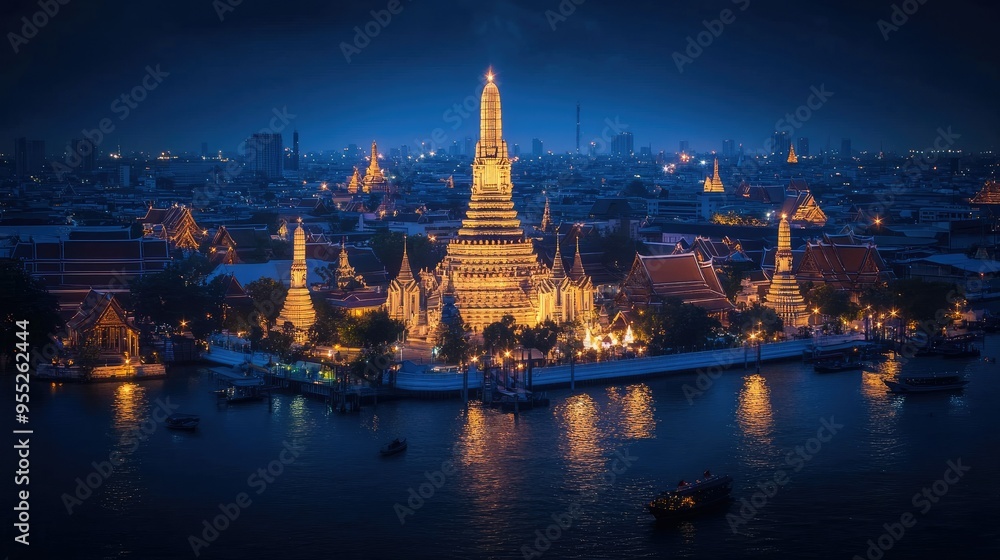 Dramatic shot of Wat Arun's central spire lit up at night, surrounded by smaller illuminated prangs, with a dark blue evening sky as the backdrop Dramatic shot of Wat Arun's central spire lit up at night, surrounded by smaller illuminated prangs, with a dark blue evening sky as the backdrop