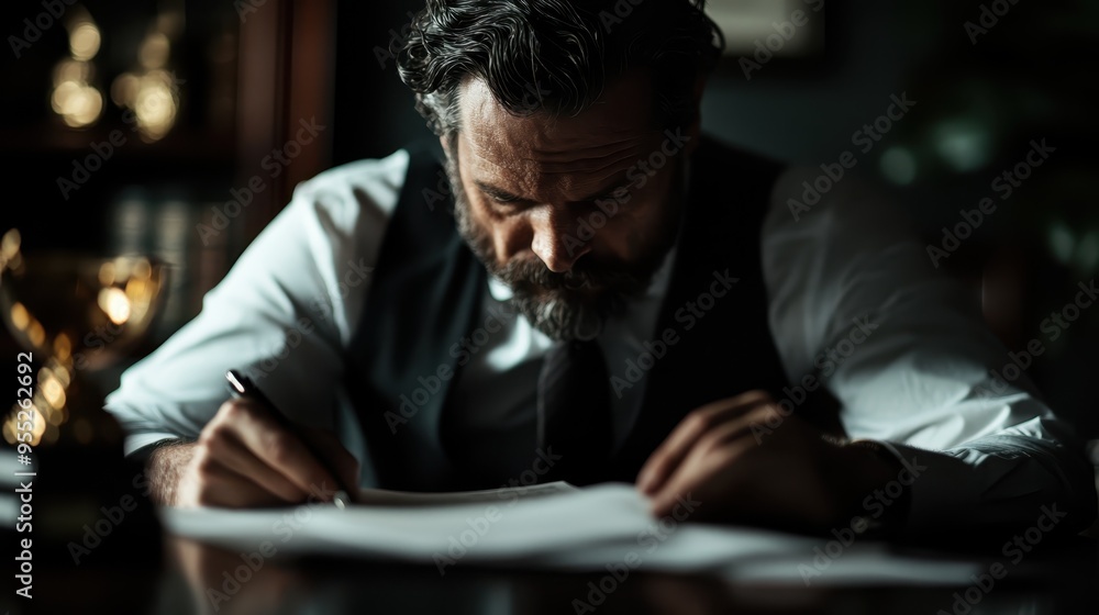 A man is signing documents at a desk in an office featuring bookshelves, suggesting a professional, legal, or academic setting focused on paperwork and documentation. A man is signing documents at a desk in an office featuring bookshelves, suggesting a professional, legal, or academic setting focused on paperwork and documentation.