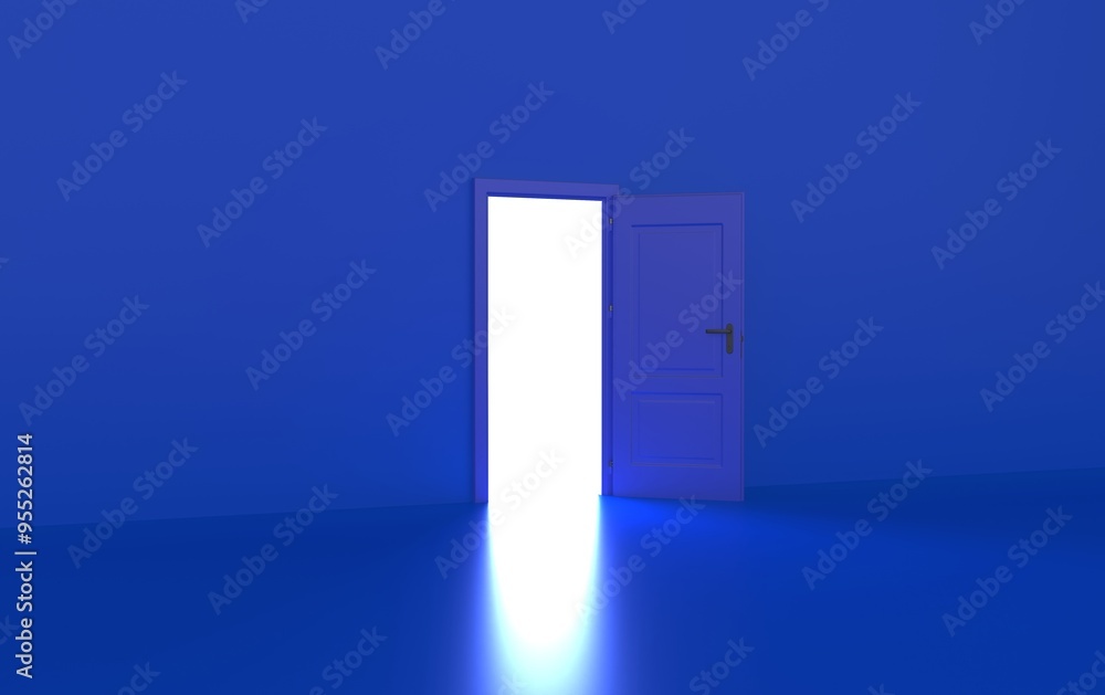 Open the door. Symbol of new career, opportunities, business ventures and initiative. Business concept. 3d render, white light inside open door isolated on black background. Modern minimal concept. Open the door. Symbol of new career, opportunities, business ventures and initiative. Business concept. 3d render, white light inside open door isolated on black background. Modern minimal concept.