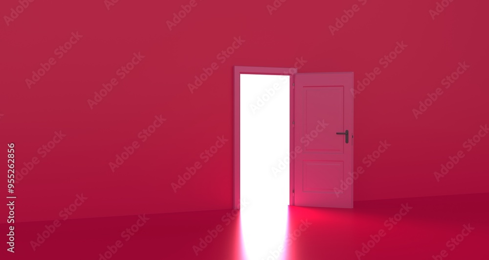 Open the door. Symbol of new career, opportunities, business ventures and initiative. Business concept. White light inside open door isolated on red background. Modern minimal concept. Open the door. Symbol of new career, opportunities, business ventures and initiative. Business concept. White light inside open door isolated on red background. Modern minimal concept.