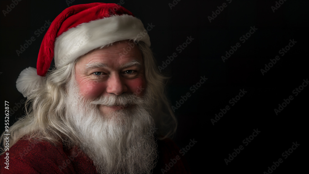 Fototapeta premium Traditionelles Porträt von einem lächelnden Weihnachtsmann mit grauem Bart und roter Mütze auf schwarzem Hintergrund mit Platz für Text, festliche Weihnachtsgrüße