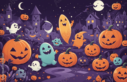 cute halloween festival illustration pattern background cartoon with ghost and pumpkin