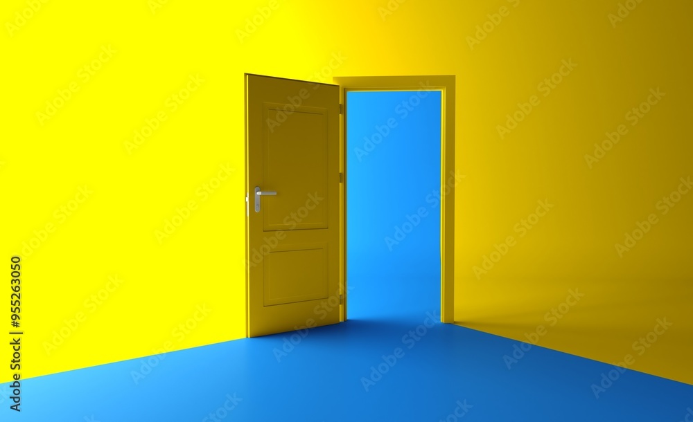 Open the door. Symbol of new career, opportunities, business ventures and initiative. Business concept. 3d render, blue light inside open door isolated on yellow background. Modern minimal concept. Open the door. Symbol of new career, opportunities, business ventures and initiative. Business concept. 3d render, blue light inside open door isolated on yellow background. Modern minimal concept.