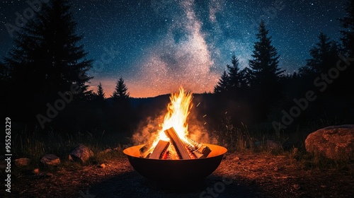 Wallpaper Mural Firewood burning in a metal fire pit, with bright flames and glowing embers, set against a backdrop of a dark, starry sky and tall trees Torontodigital.ca