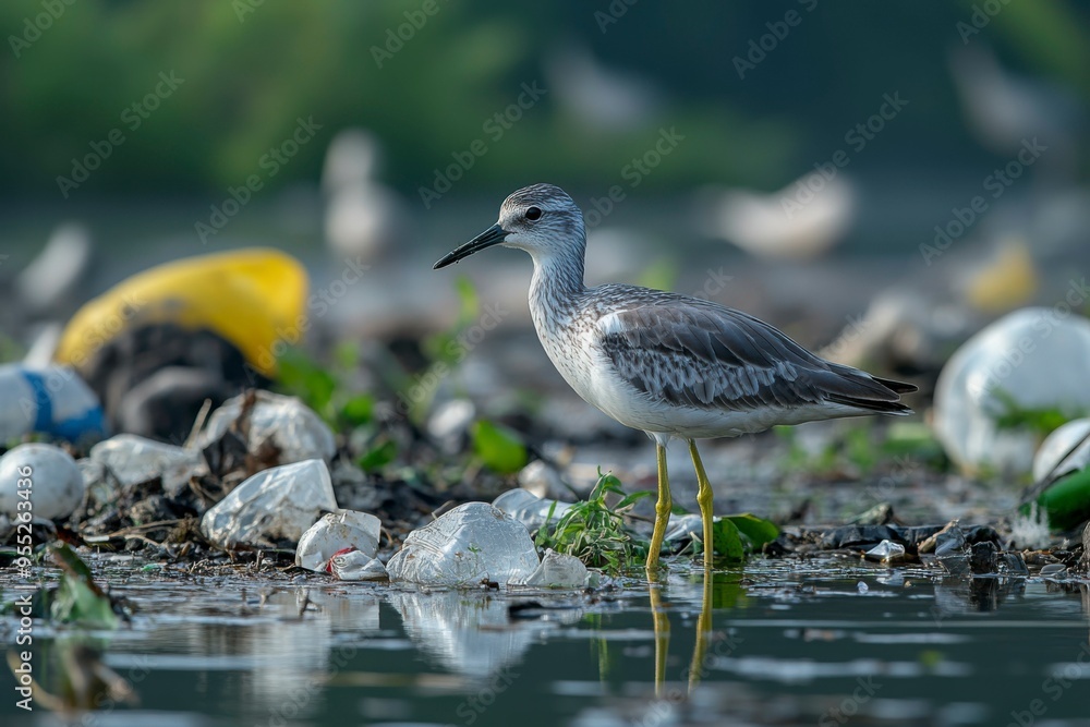 A Grey-Headed Swamphen Forages Among Plastic Pollution in Shallow Water A Grey-Headed Swamphen Forages Among Plastic Pollution in Shallow Water
