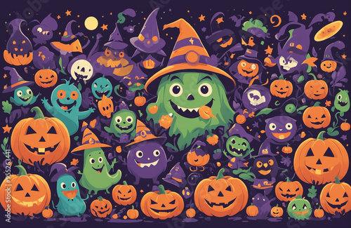 cute halloween festival illustration pattern background cartoon with ghost and pumpkin