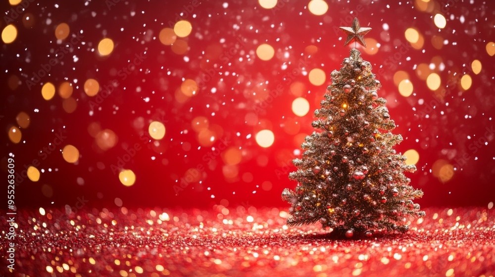 golden and silver lights with christmas tree on red background,bright decoration, with copy space golden and silver lights with christmas tree on red background,bright decoration, with copy space