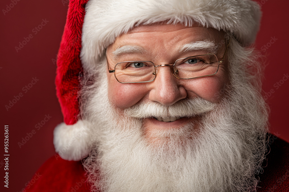 Close-up of Santa Claus smiling warmly, dressed in his classic red suit and hat with a red background. A joyful and iconic image of Santa during the holiday season. Close-up of Santa Claus smiling warmly, dressed in his classic red suit and hat with a red background. A joyful and iconic image of Santa during the holiday season.