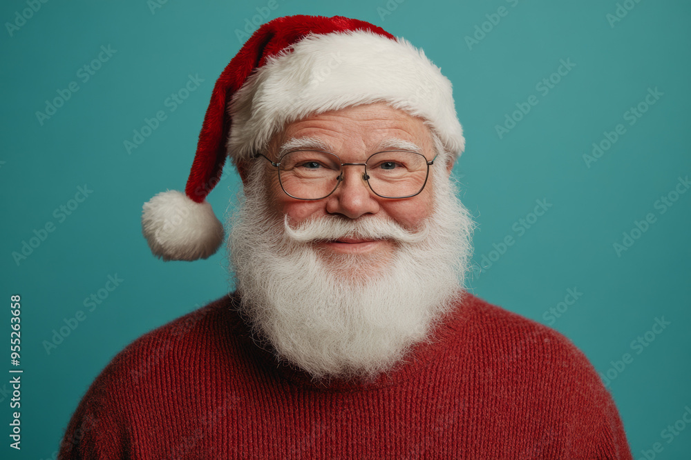 Santa Claus smiling warmly in front of a blue background, dressed in his classic red suit and hat. A cheerful and traditional representation of Santa during the Christmas season. Santa Claus smiling warmly in front of a blue background, dressed in his classic red suit and hat. A cheerful and traditional representation of Santa during the Christmas season.